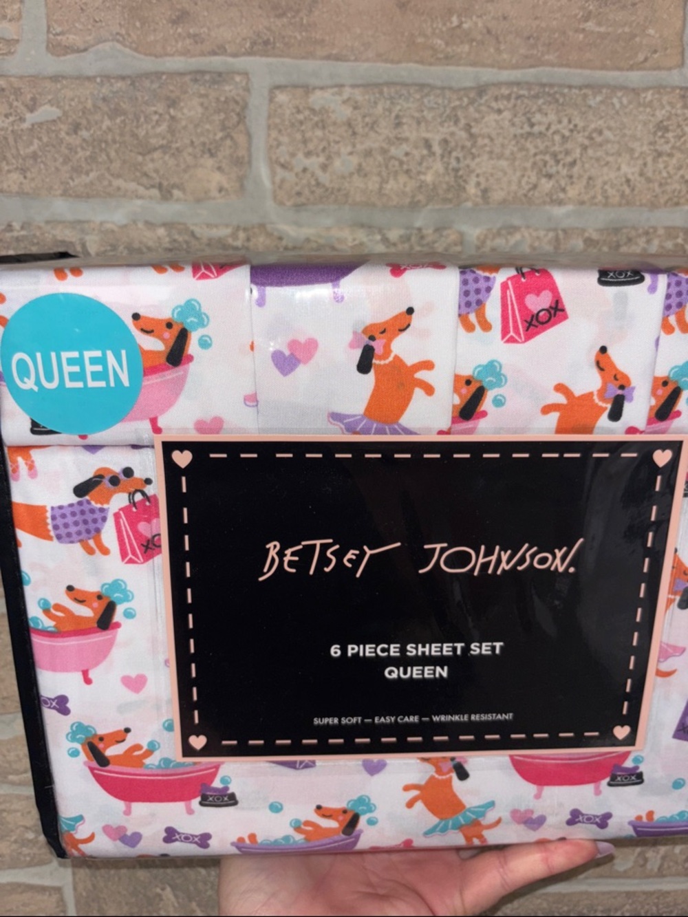 Betsey Johnson Queen White Sheet Set with Pink, Purple & Teal Dachshunds